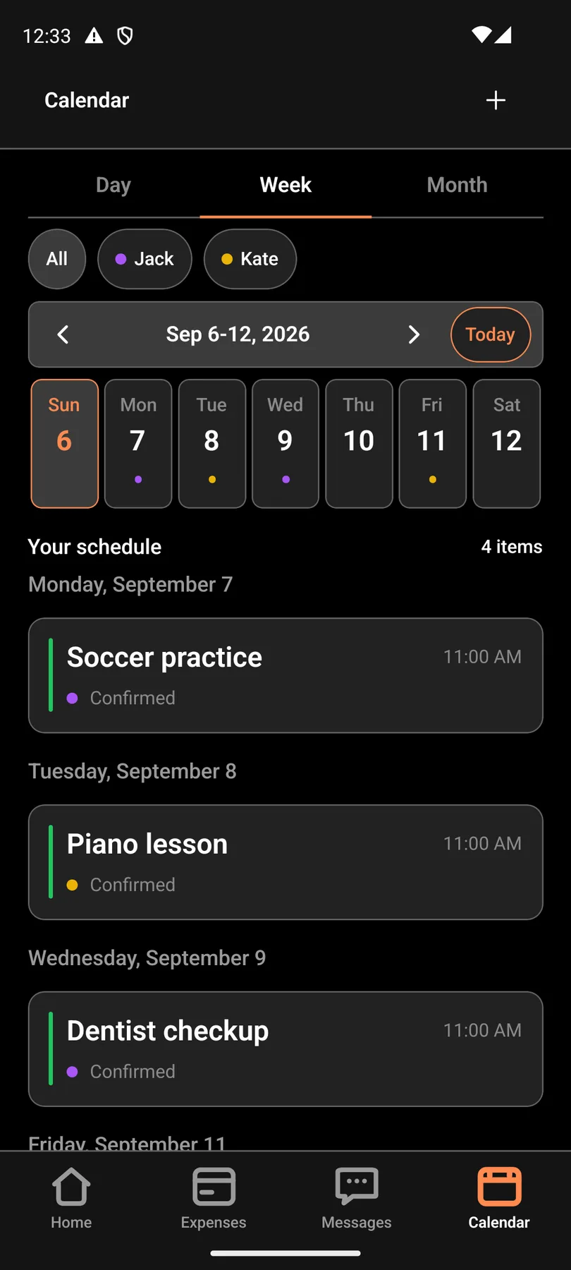 Android example showing the shared family calendar in milinn