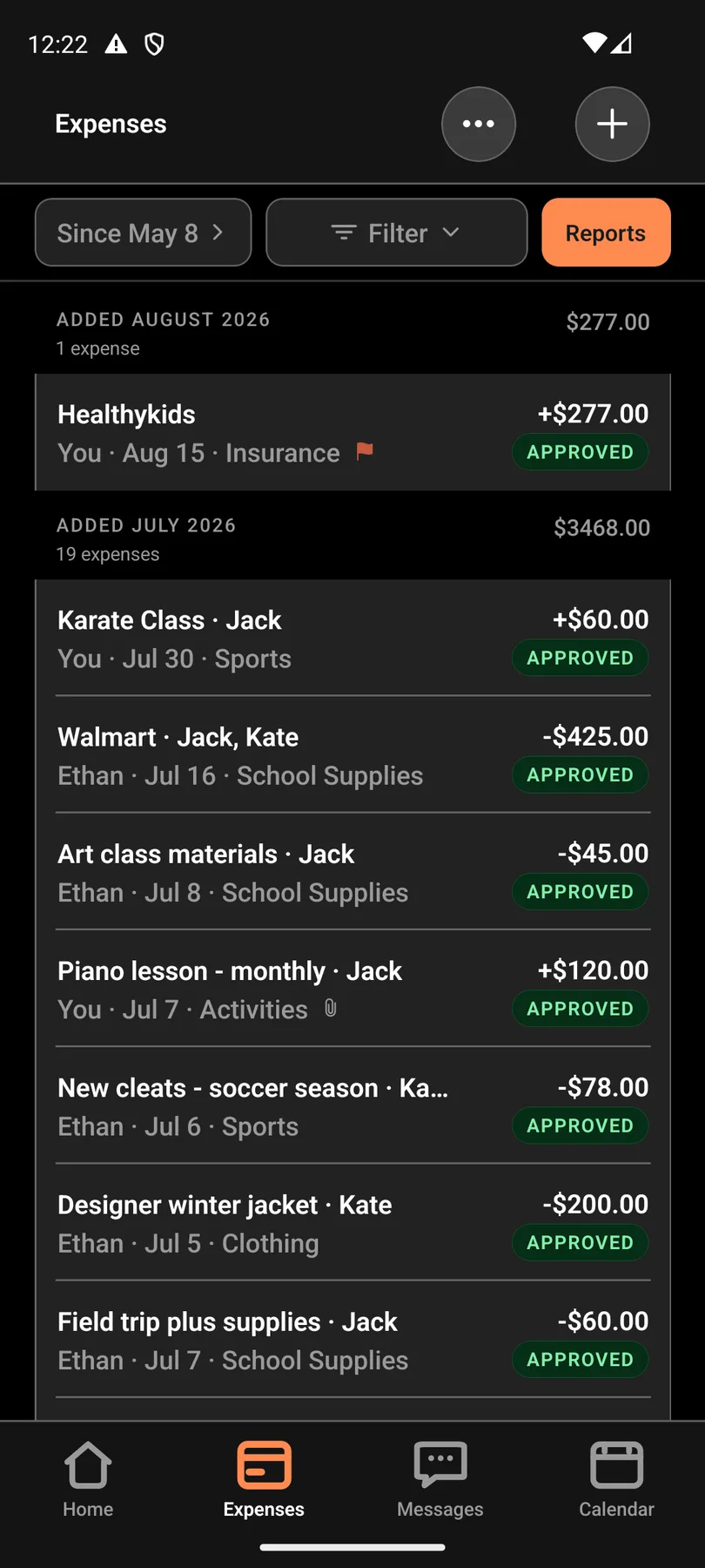 Android example showing the shared expense list in milinn