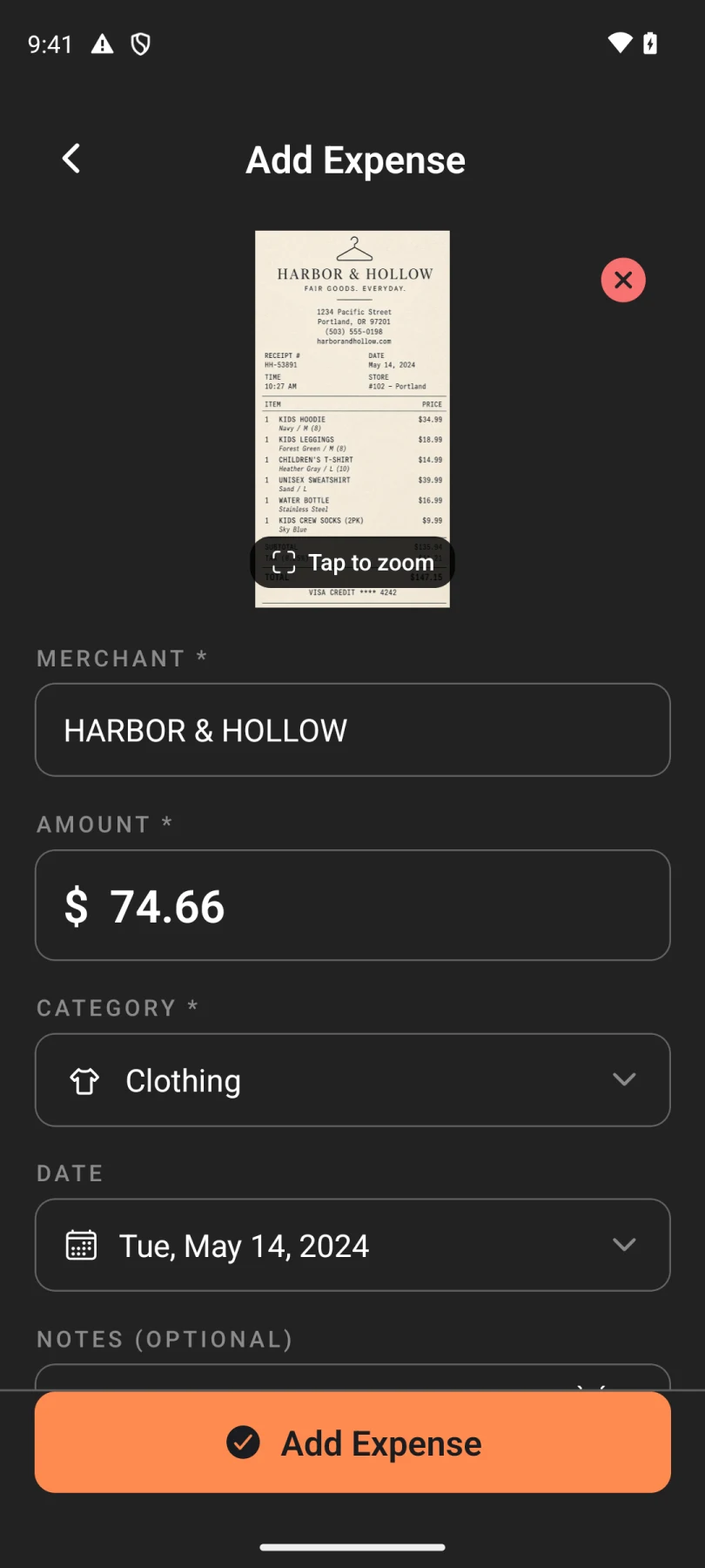 Android example in a Galaxy S24 Ultra-style frame, with the Harbor and Hollow receipt and a $74.66 expense draft