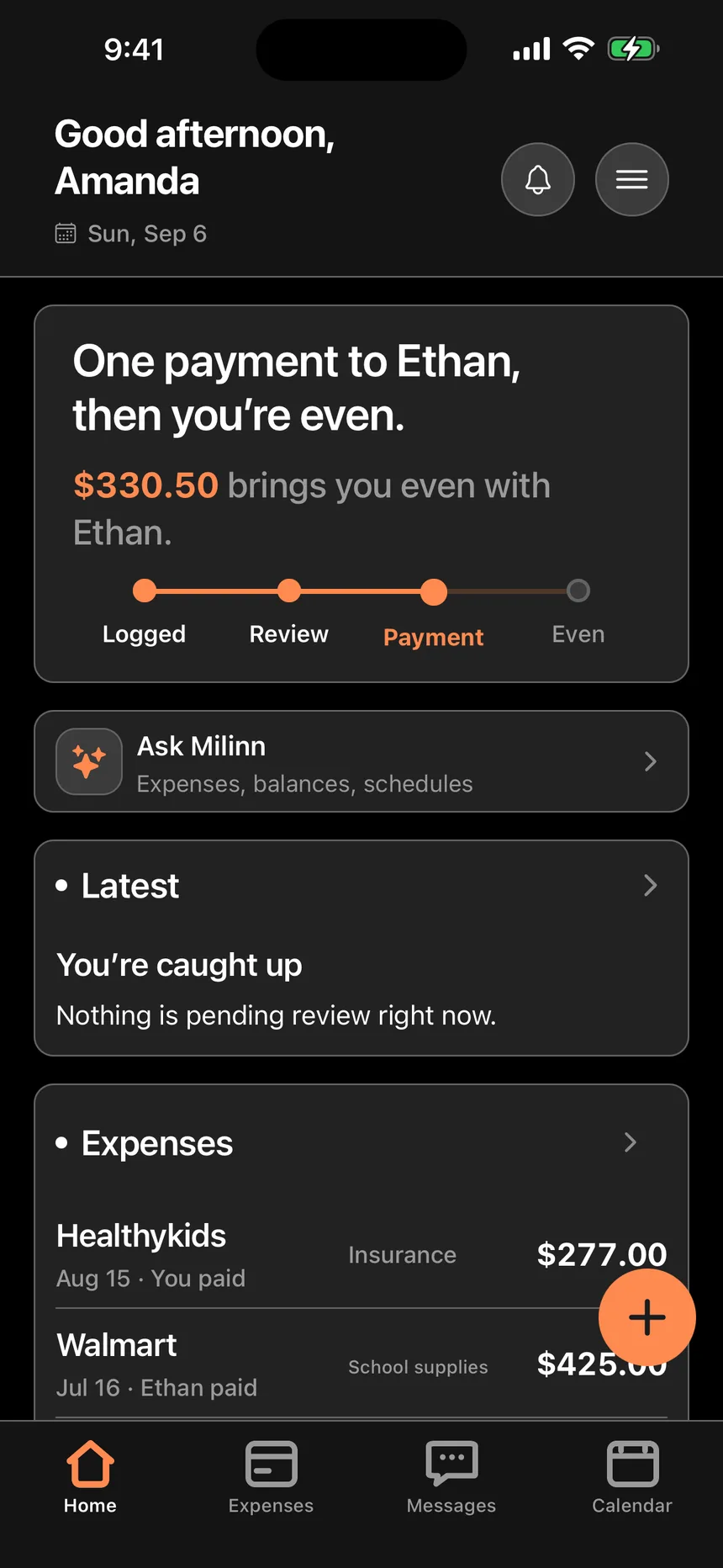 Amanda’s milinn home screen on iPhone showing a shared co-parenting overview