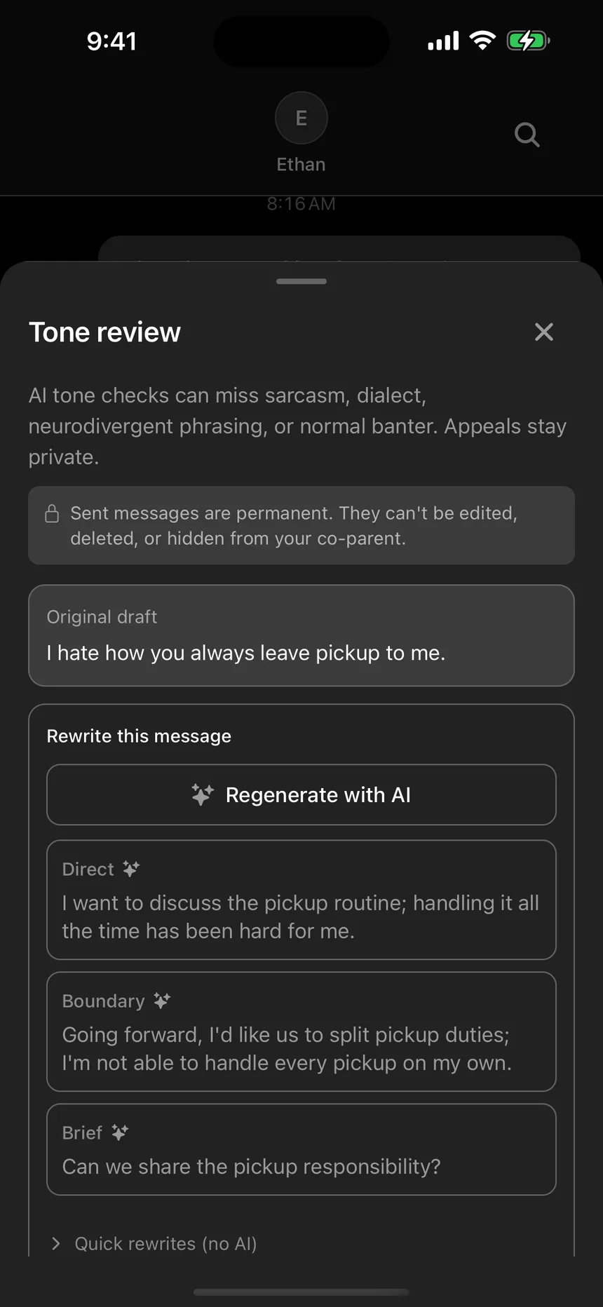 milinn’s actual AI results: Direct, Boundary, and Brief rewrites. The brief suggestion reads: Can we share the pickup responsibility?
