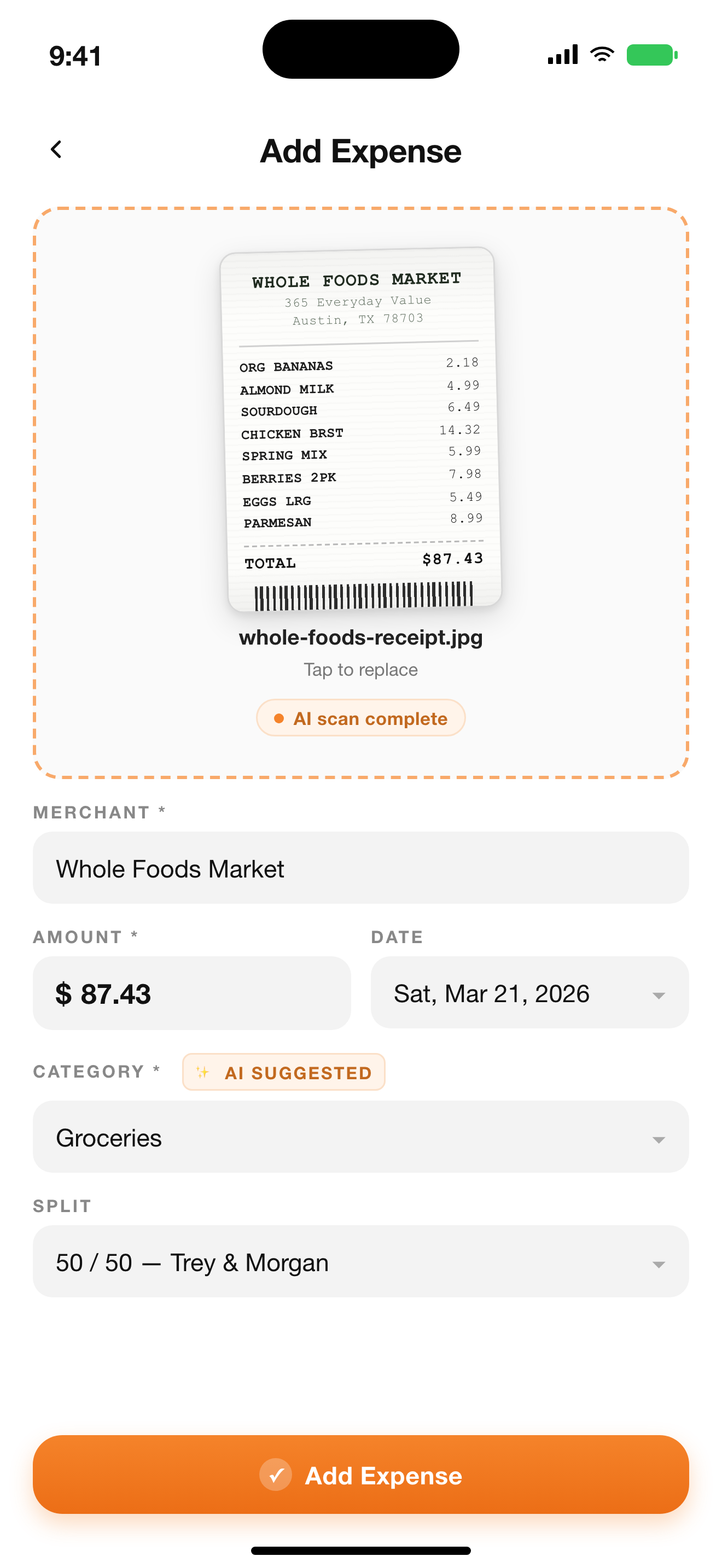 AI pre-filled expense form in ParentSplit