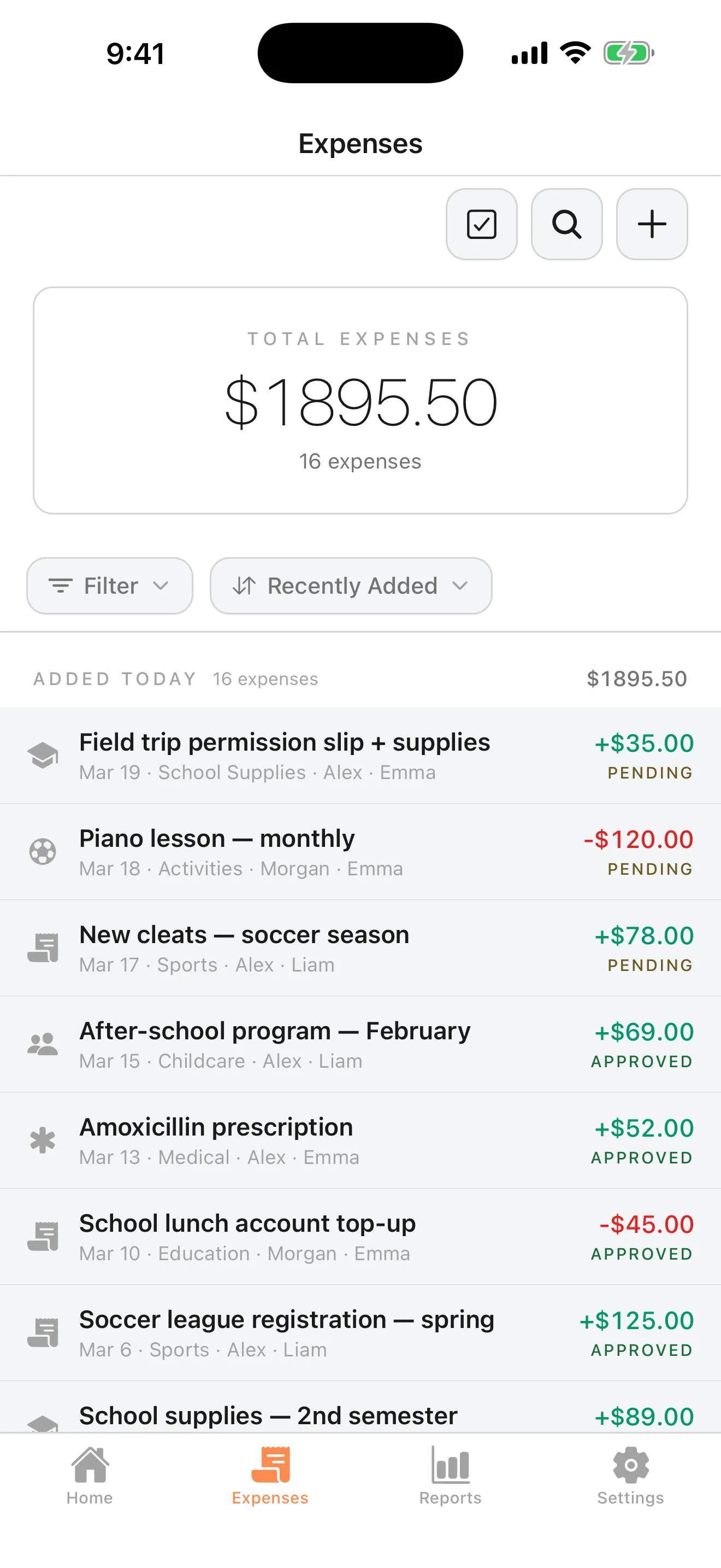 ParentSplit App — Co-parent's view of shared expenses